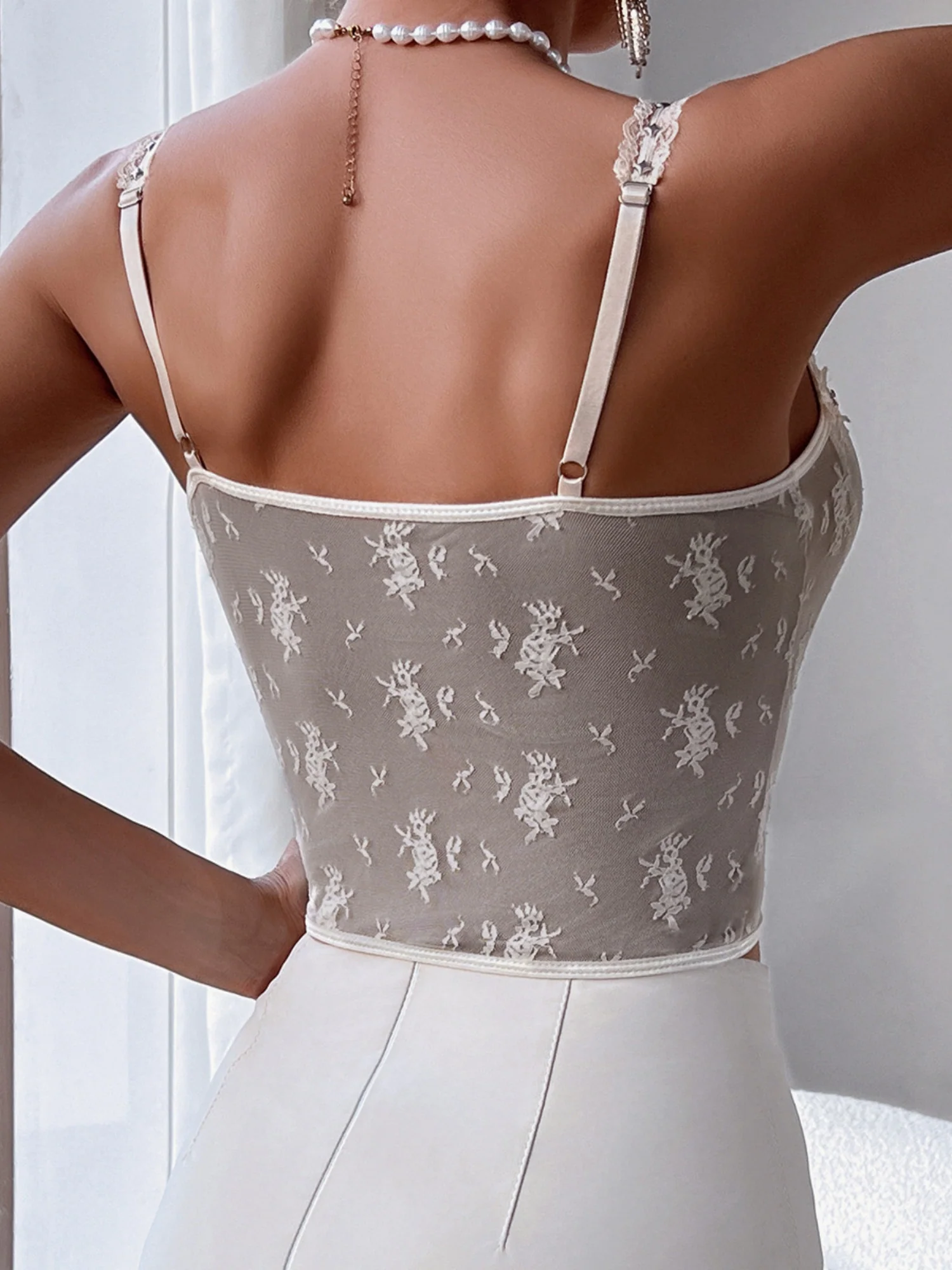 Lace Trim Splicing Perspective Button-down Bra - Image 6