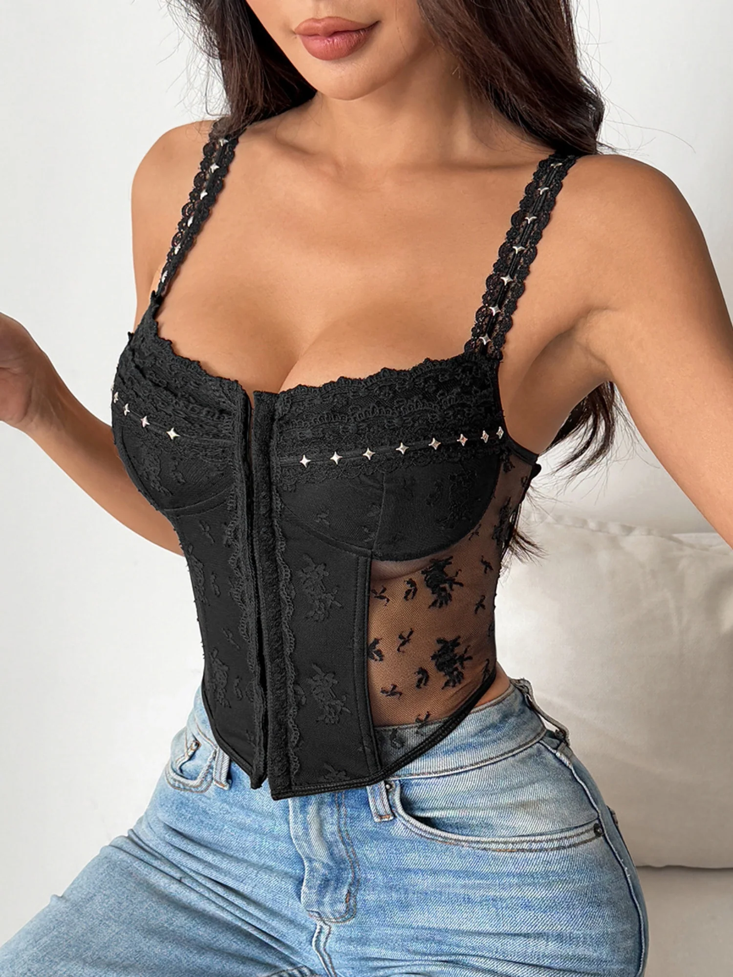 Lace Trim Splicing Perspective Button-down Bra - Image 9