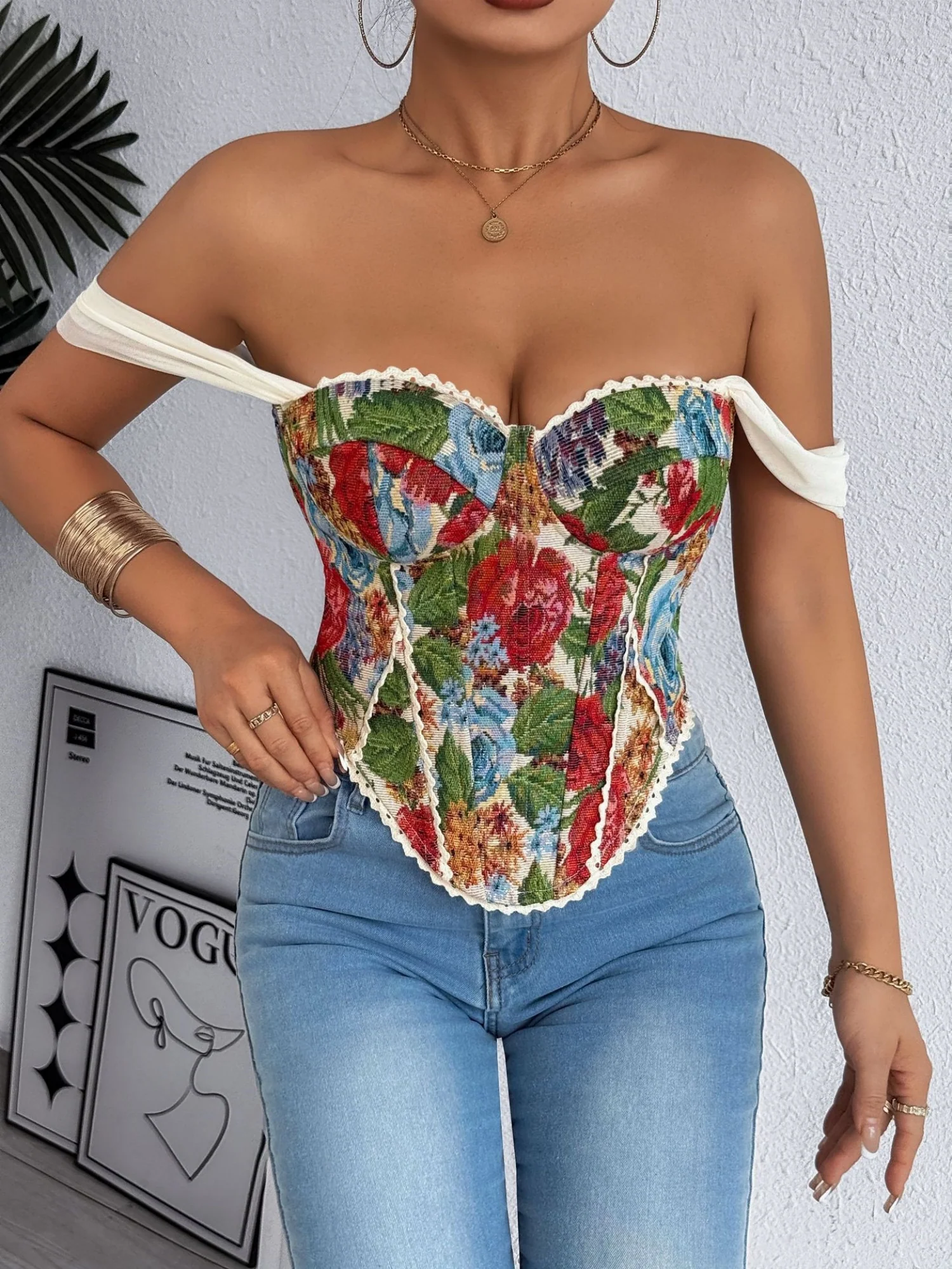 Jacquard Bandeau Top Tie Fish Bones Strapless Bra - Image 3