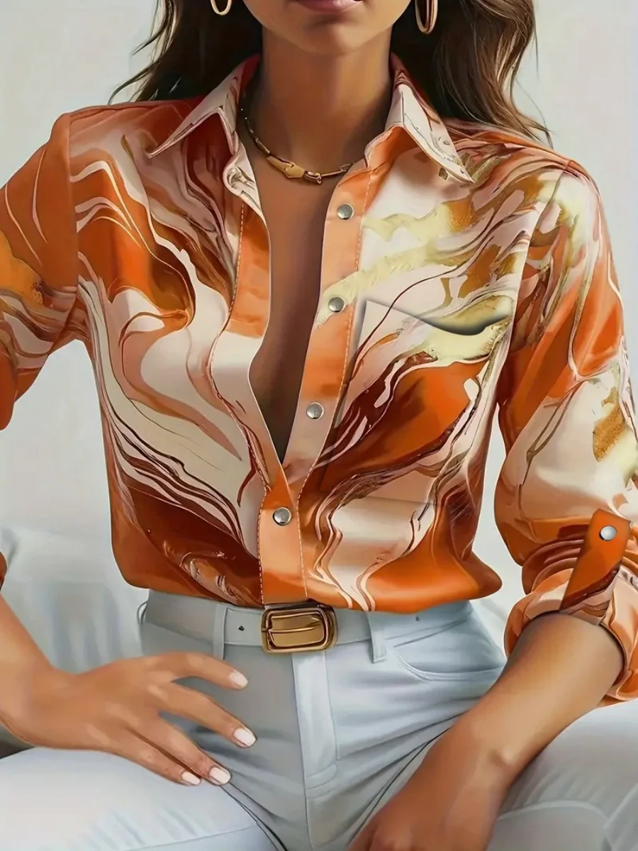 Printed Single-breasted Slim-fit Satin Casual Shirts