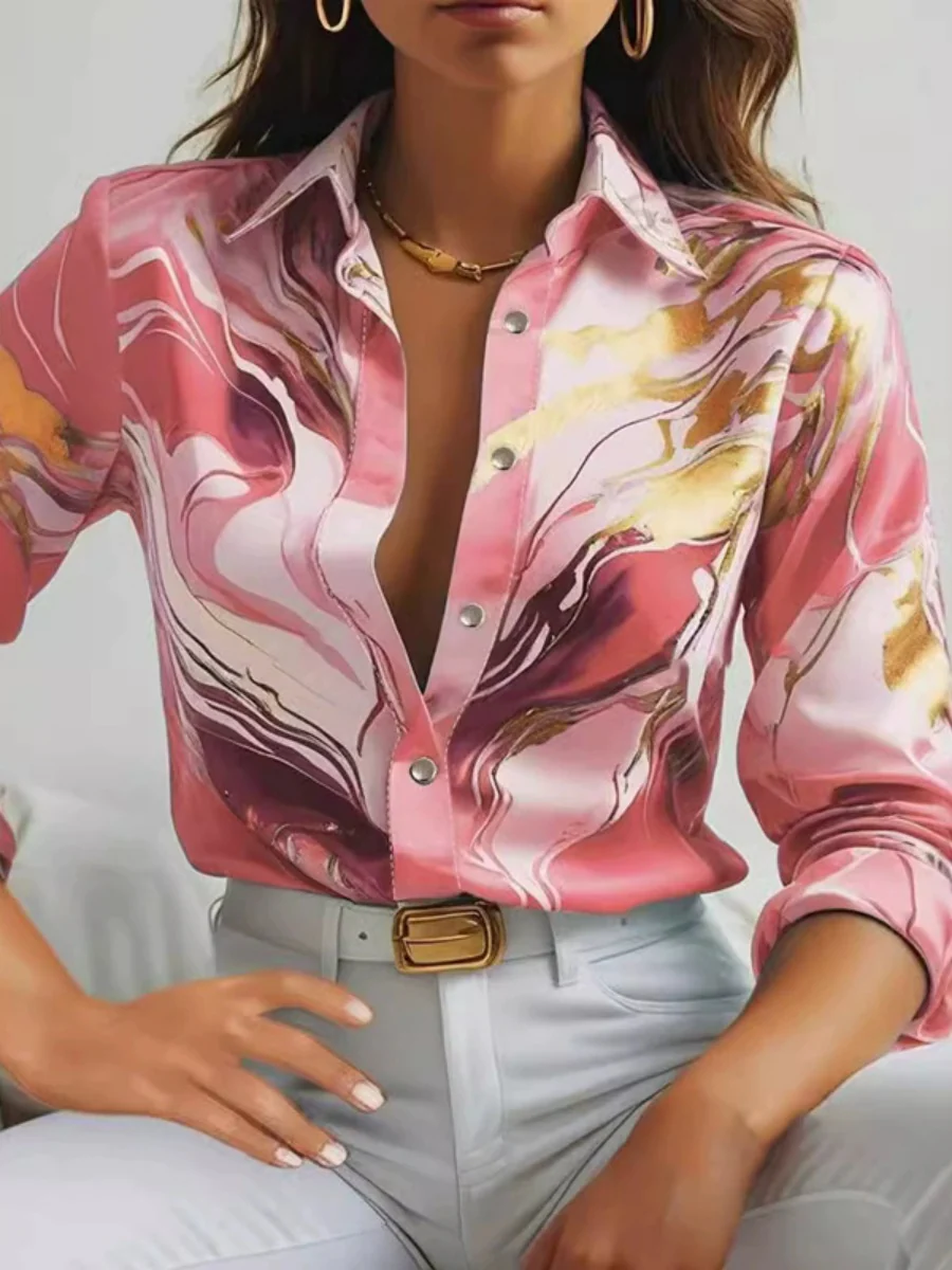 Printed Single-breasted Slim-fit Satin Casual Shirts - Image 6