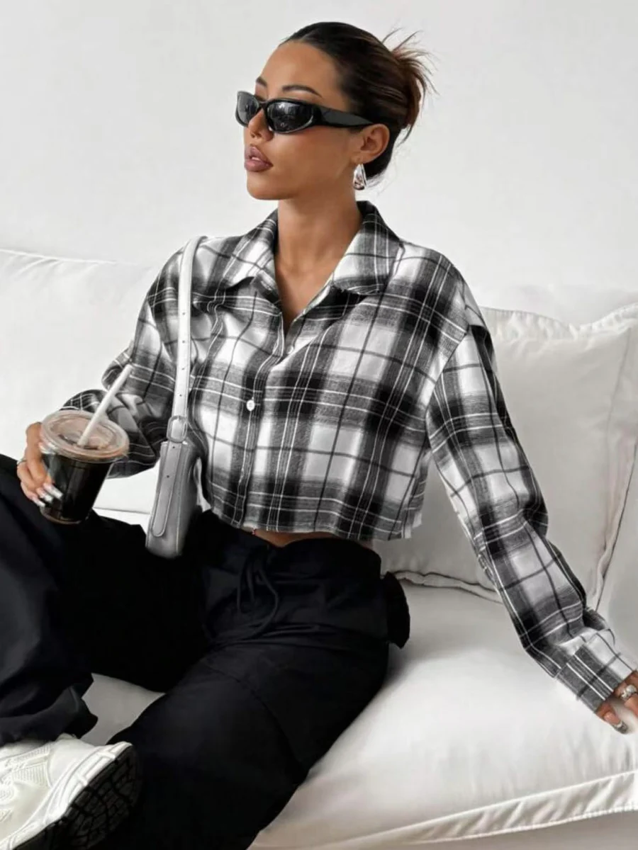 Cardigan Cropped Coat Plaid Shirts - Image 2
