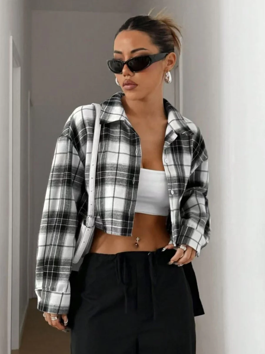 Cardigan Cropped Coat Plaid Shirts - Image 3