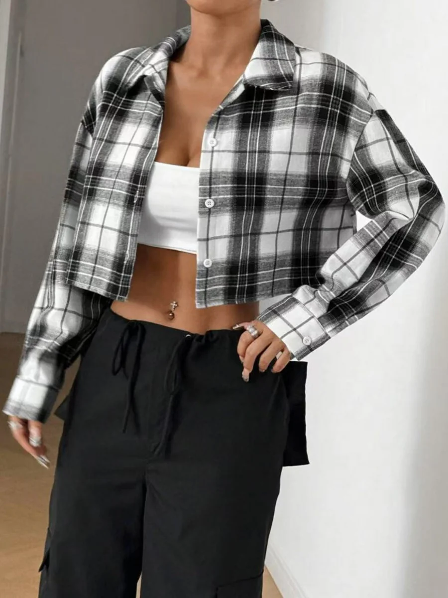 Cardigan Cropped Coat Plaid Shirts - Image 4