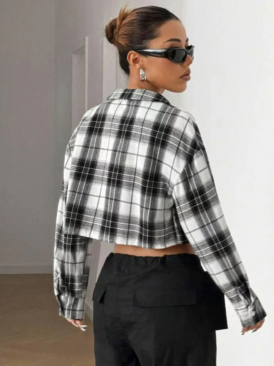 Cardigan Cropped Coat Plaid Shirts - Image 5
