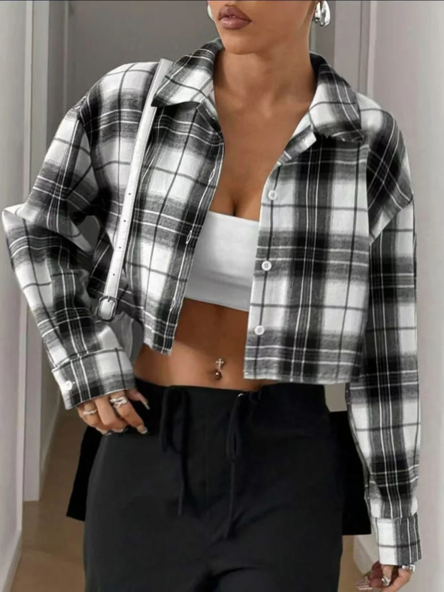 Cardigan Cropped Coat Plaid Shirts - Image 6