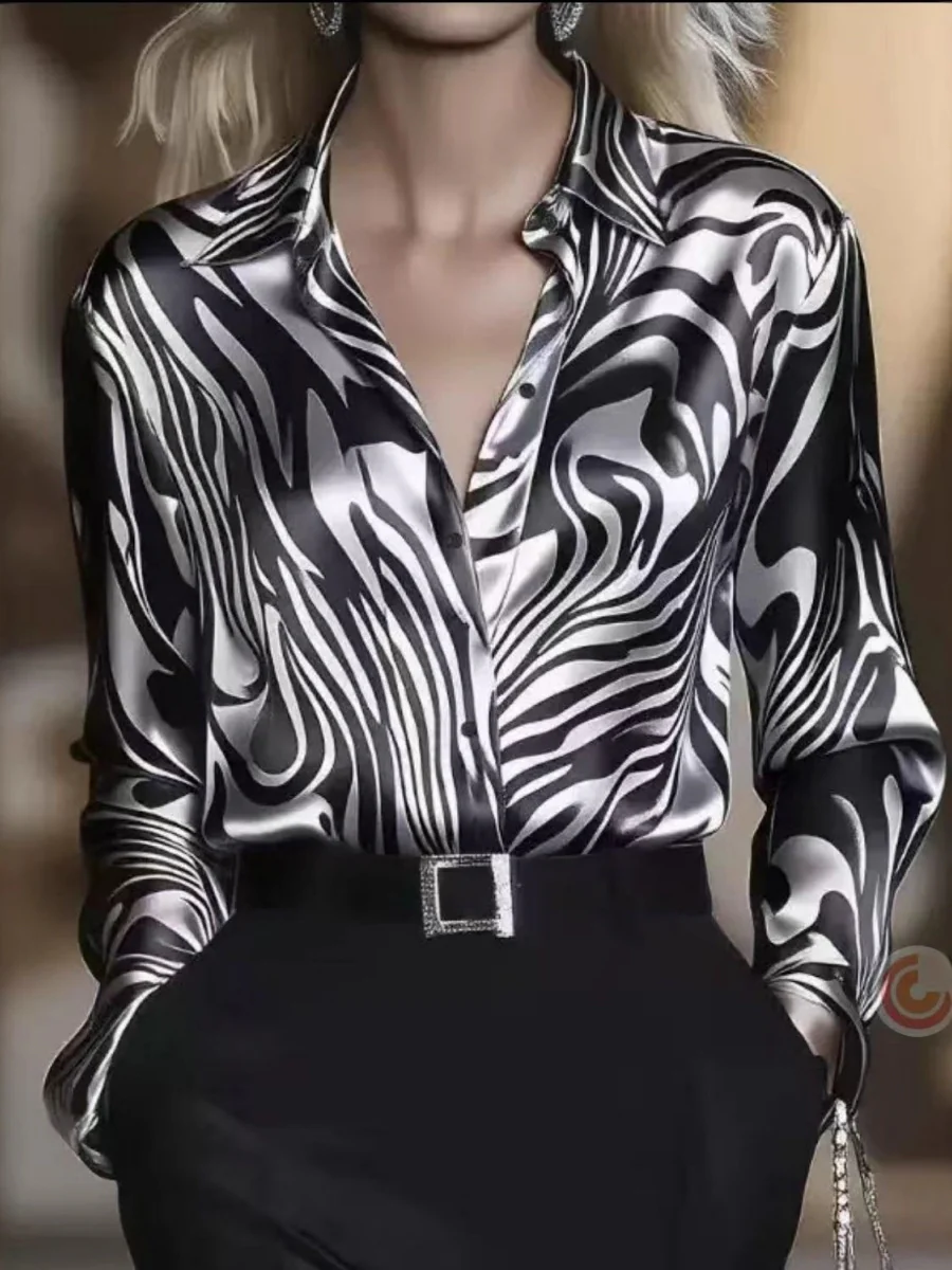 Zebra Print Single-breasted Slim-fit Satin Casual Shirts - Image 2