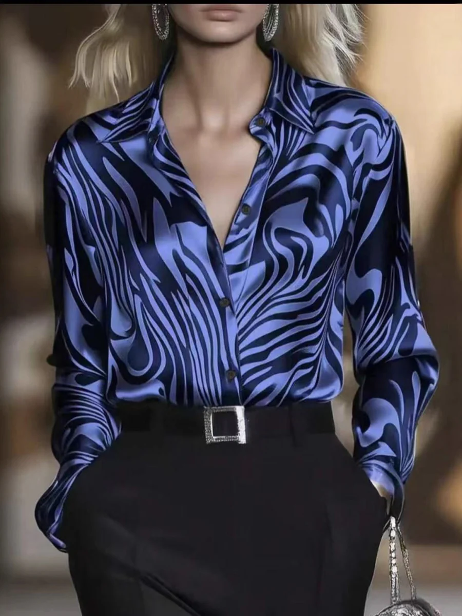 Zebra Print Single-breasted Slim-fit Satin Casual Shirts - Image 3