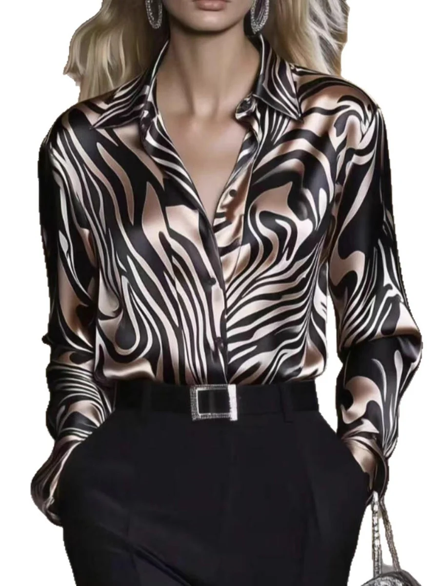 Zebra Print Single-breasted Slim-fit Satin Casual Shirts - Image 5