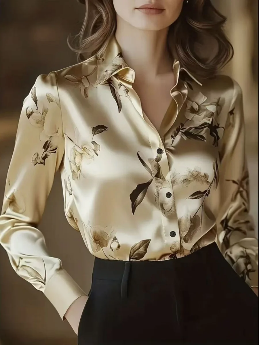 Printed Single-breasted Slim-fit Satin Casual Shirts - Image 10