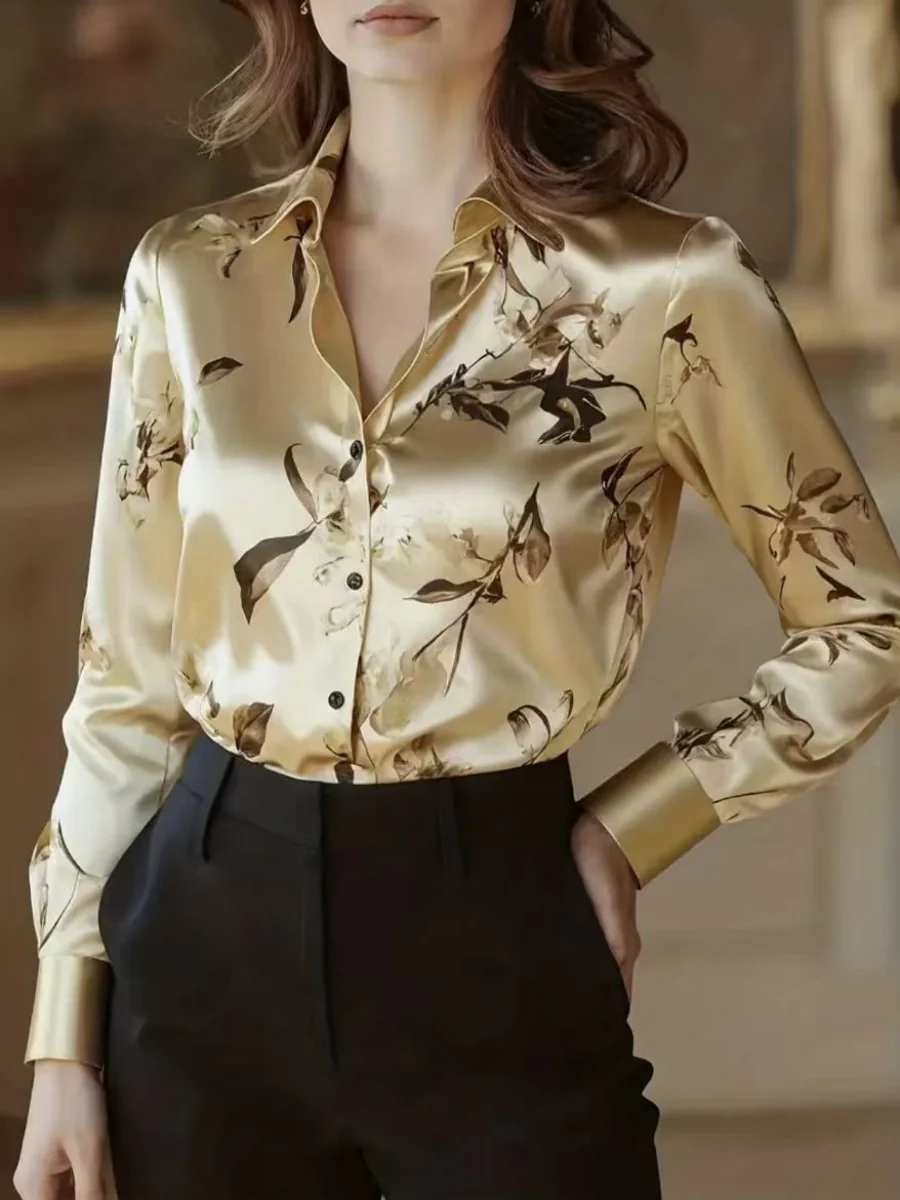 Printed Single-breasted Slim-fit Satin Casual Shirts - Image 11
