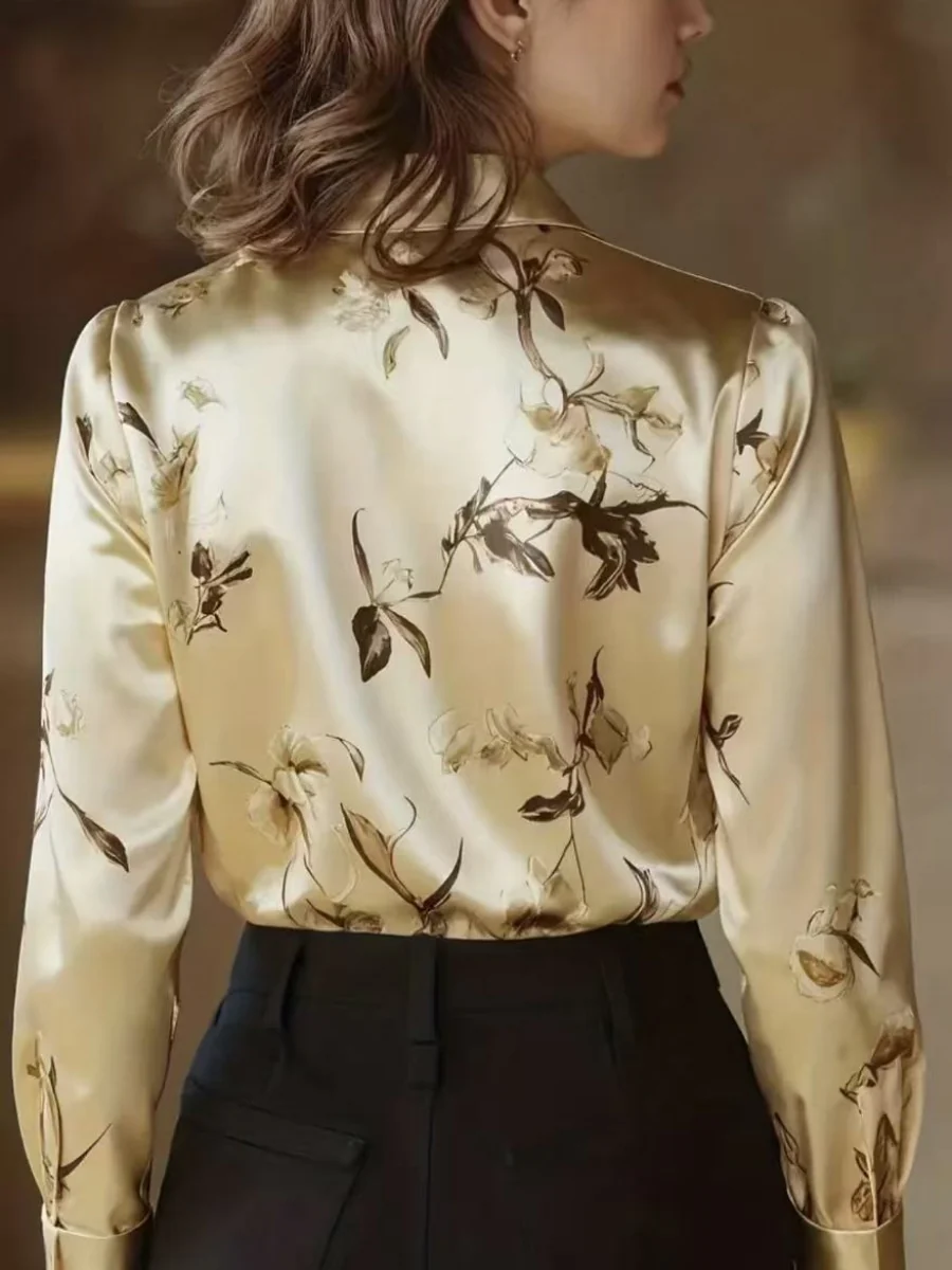 Printed Single-breasted Slim-fit Satin Casual Shirts - Image 12