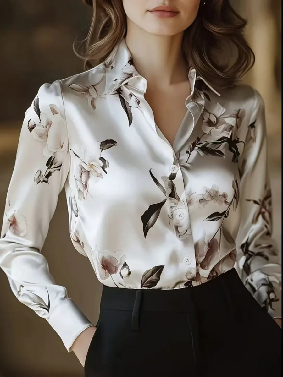 Printed Single-breasted Slim-fit Satin Casual Shirts - Image 5