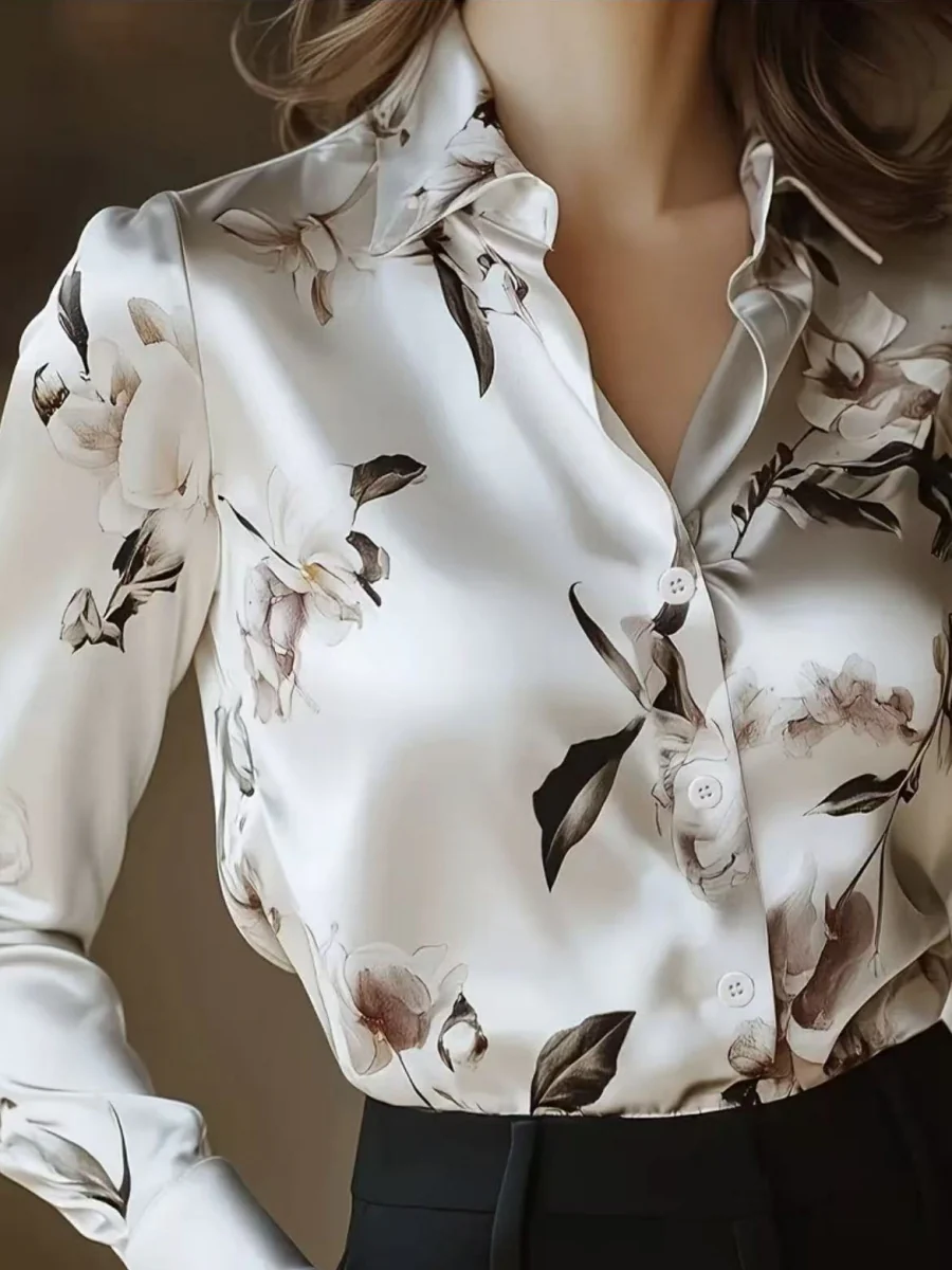 Printed Single-breasted Slim-fit Satin Casual Shirts - Image 6
