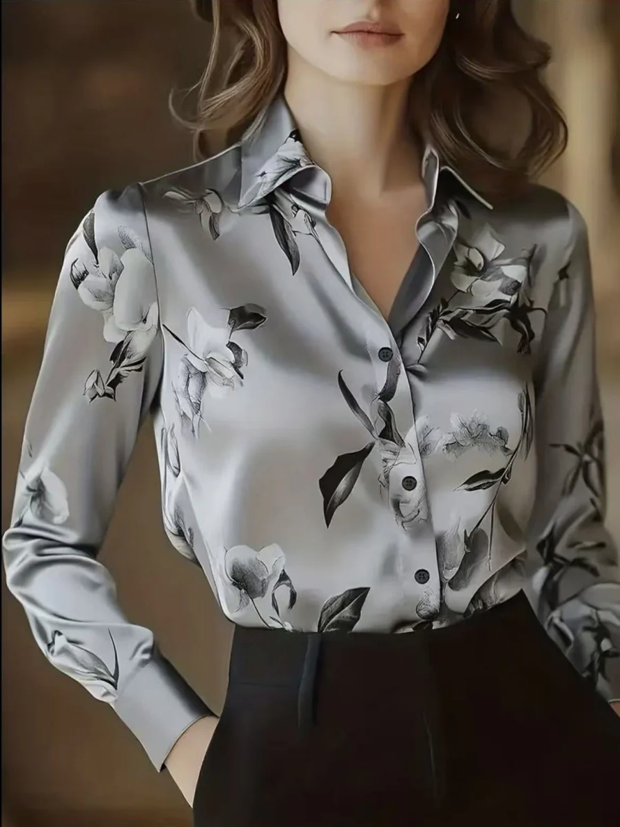 Printed Single-breasted Slim-fit Satin Casual Shirts - Image 8