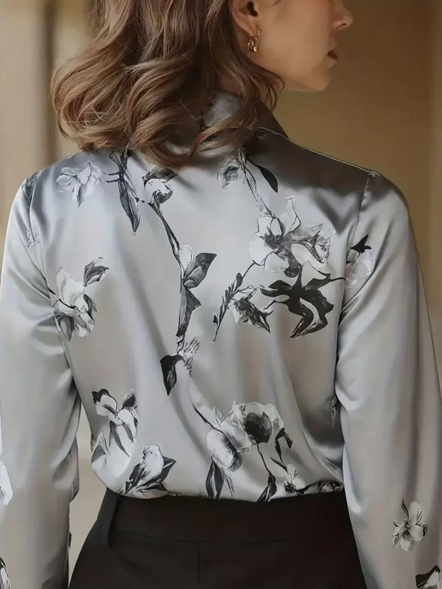 Printed Single-breasted Slim-fit Satin Casual Shirts - Image 9