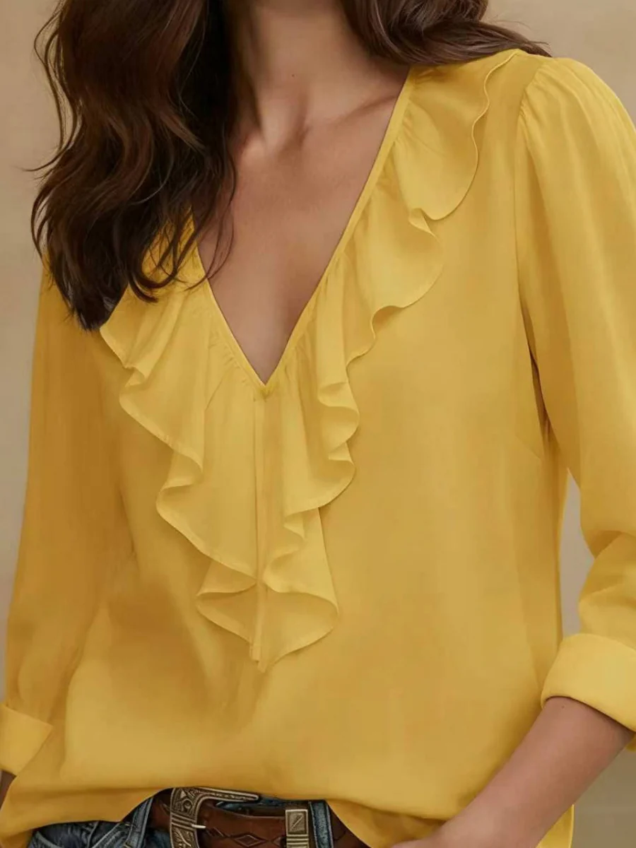 V-neck Pleated Ruffle Chiffon Blouse - Image 2
