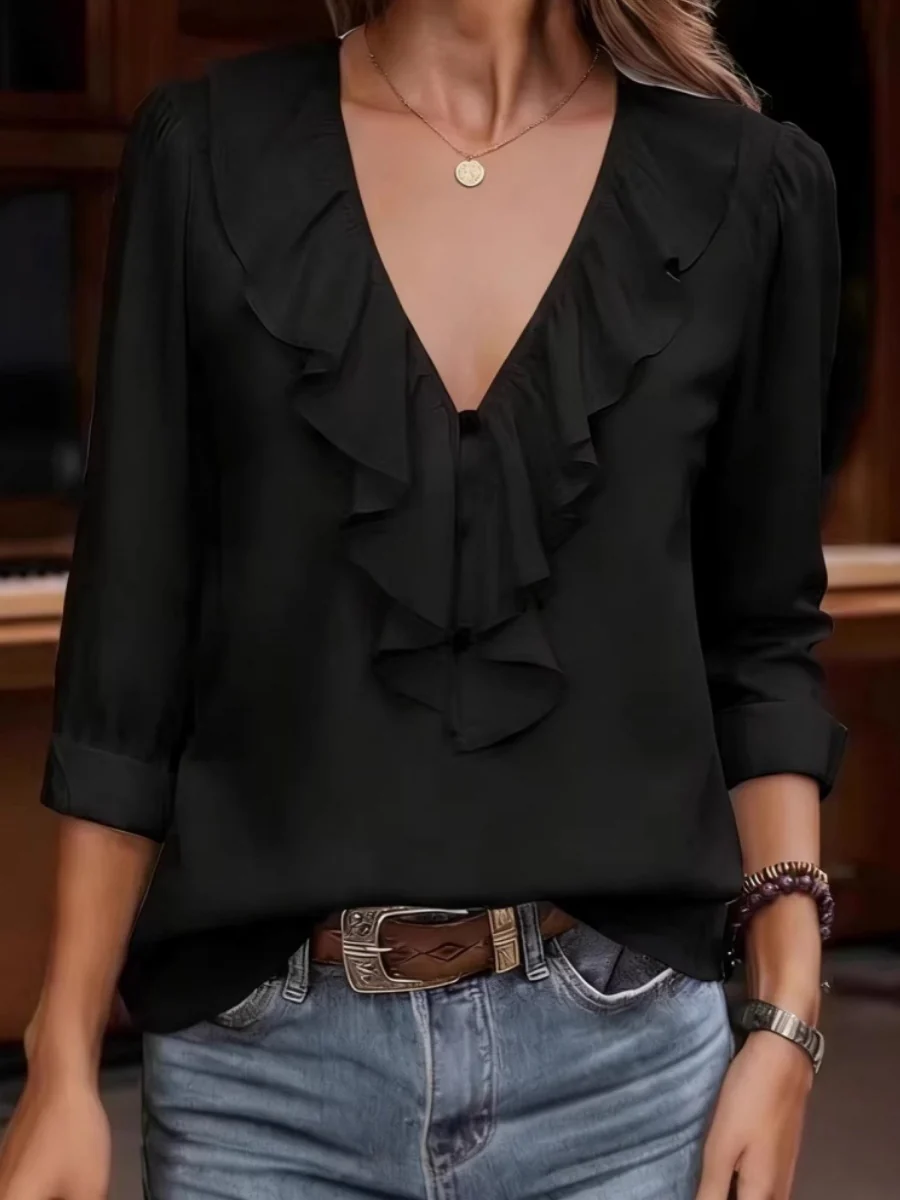 V-neck Pleated Ruffle Chiffon Blouse - Image 4