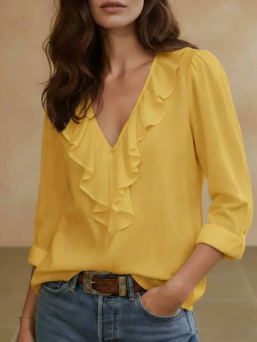 V-neck Pleated Ruffle Chiffon Blouse - Image 6