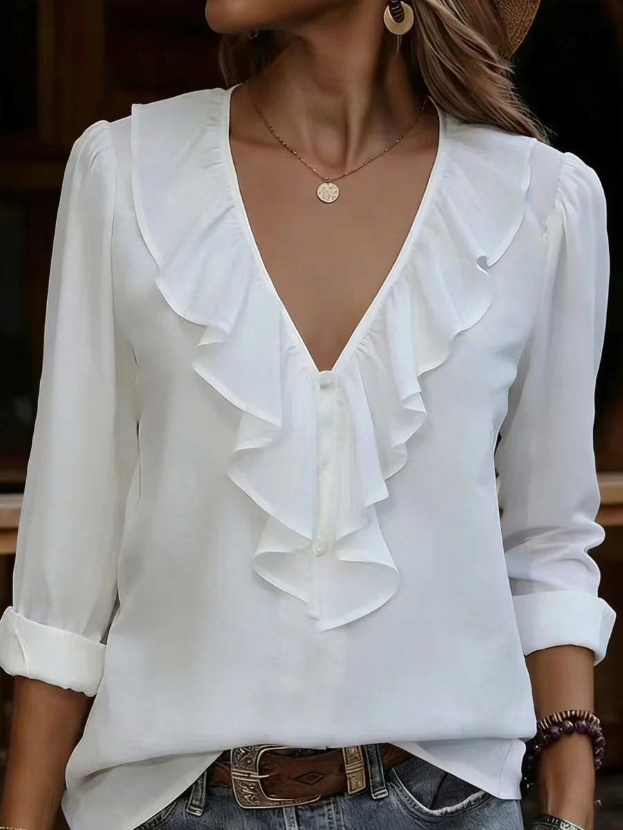 V-neck Pleated Ruffle Chiffon Blouse - Image 7