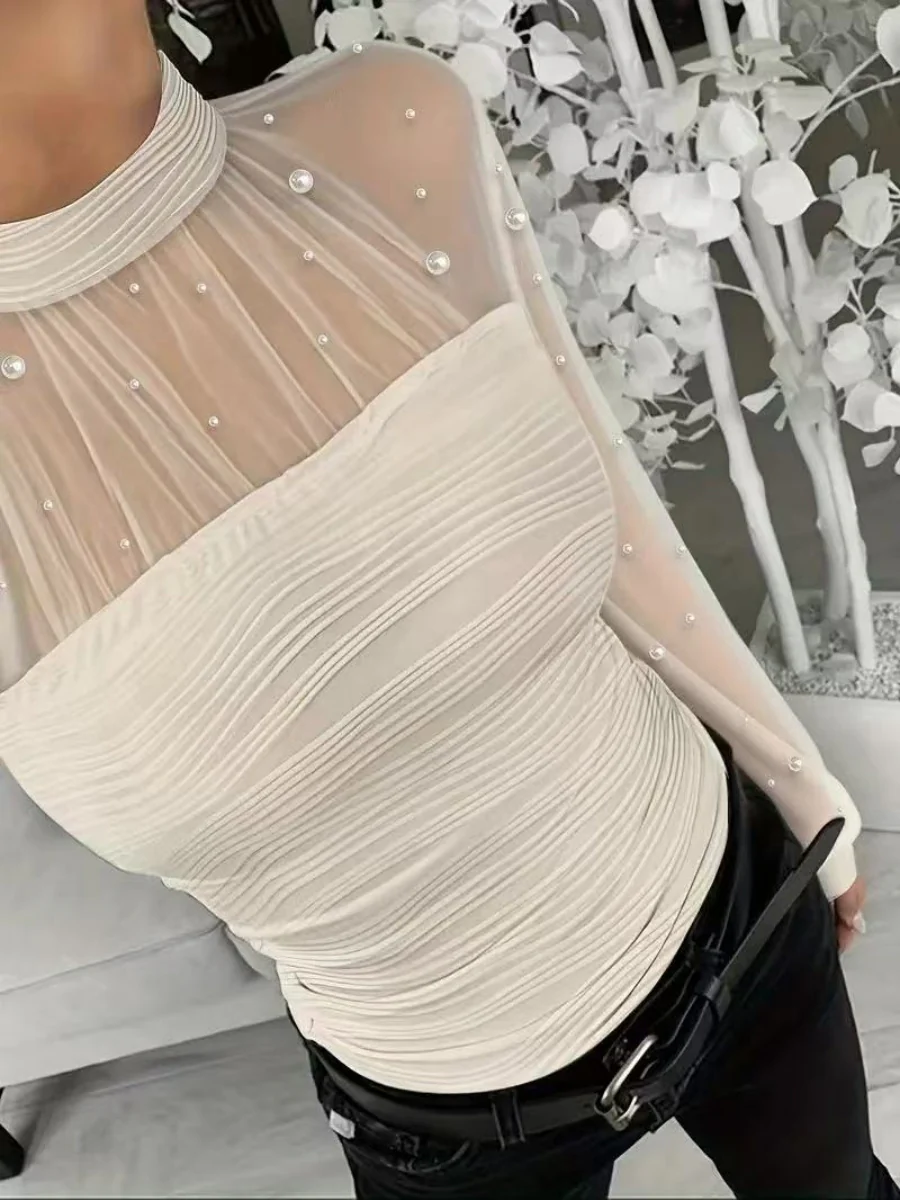 Beading Gathering Gauze T-shirt Sheer Tops - Image 3
