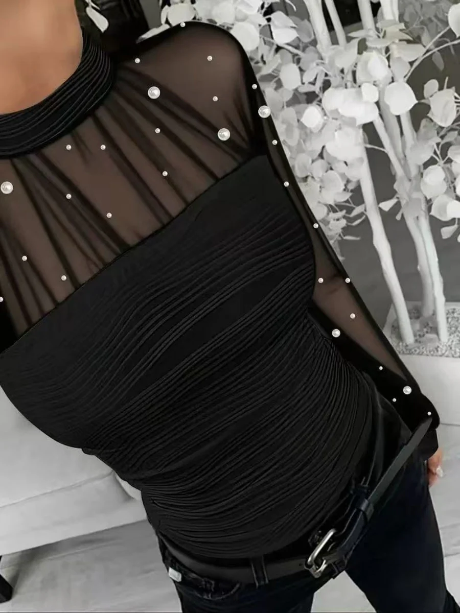 Beading Gathering Gauze T-shirt Sheer Tops - Image 5