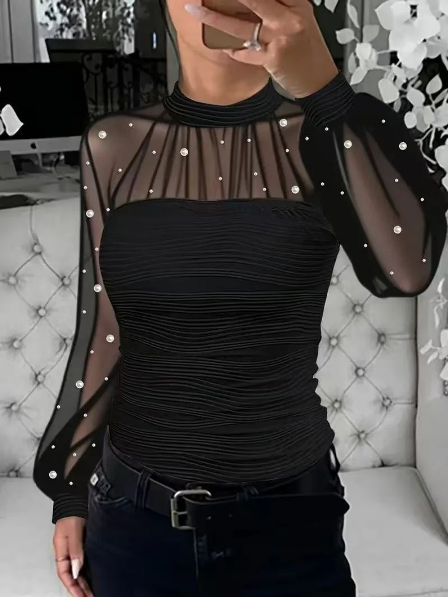 Beading Gathering Gauze T-shirt Sheer Tops - Image 6