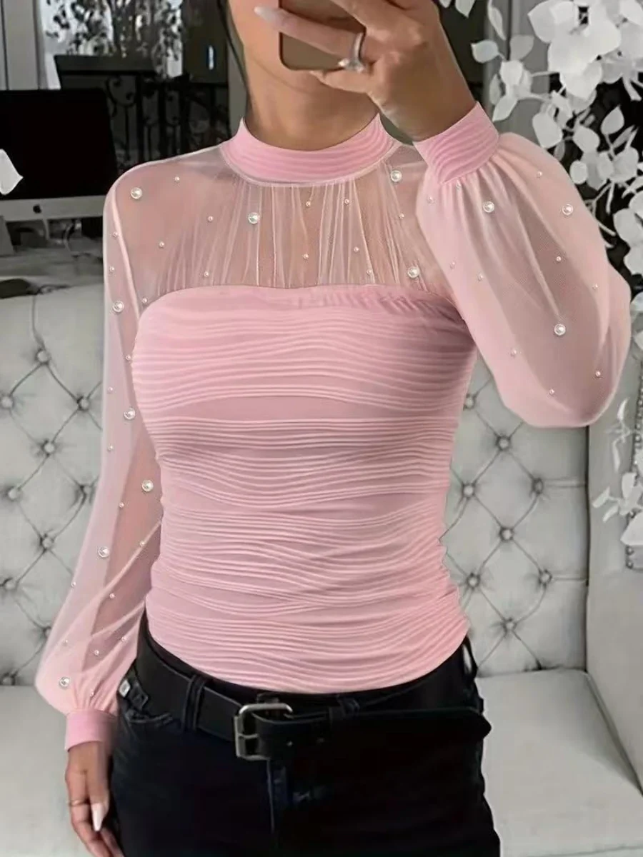 Beading Gathering Gauze T-shirt Sheer Tops - Image 8