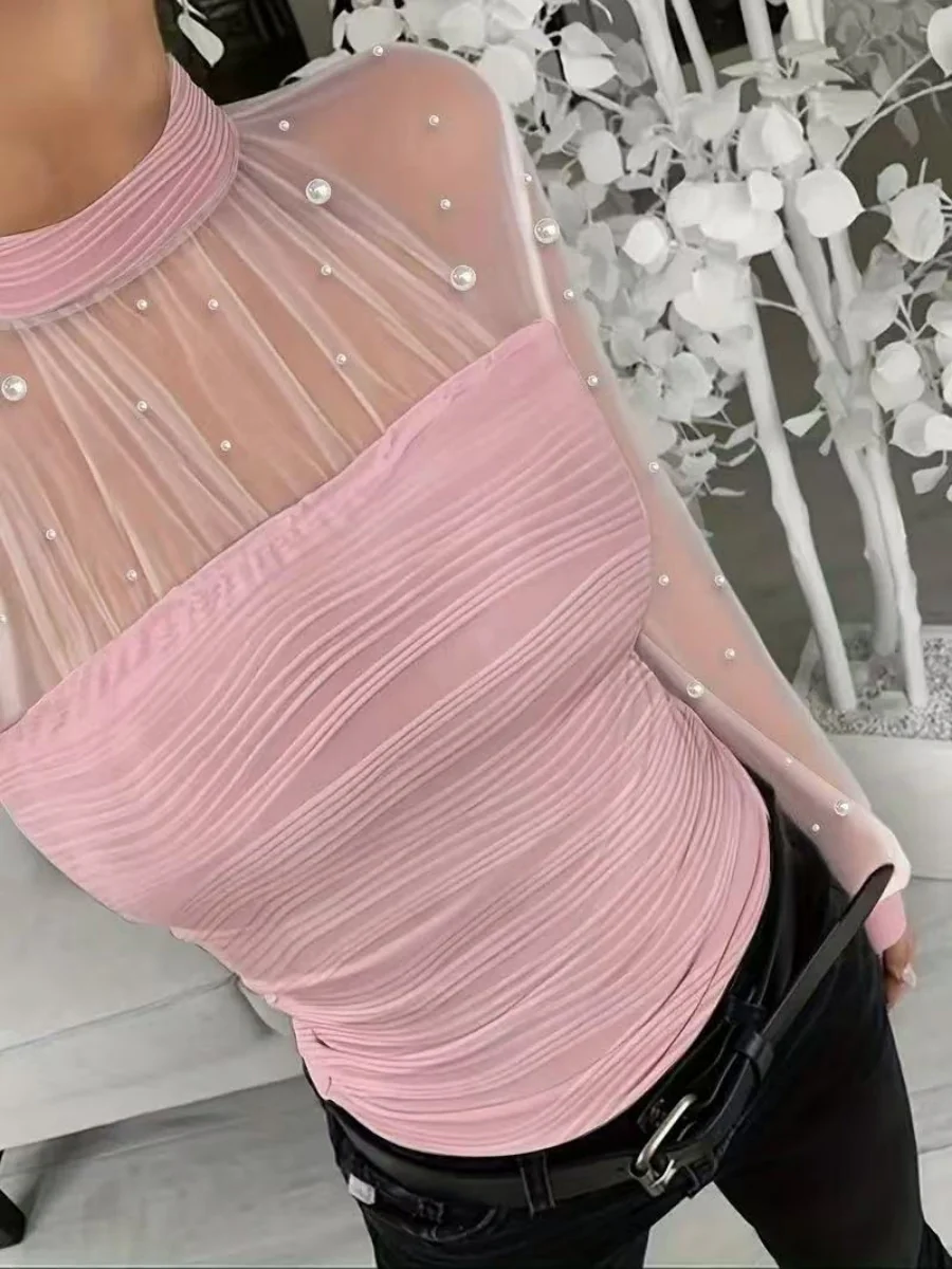 Beading Gathering Gauze T-shirt Sheer Tops - Image 9