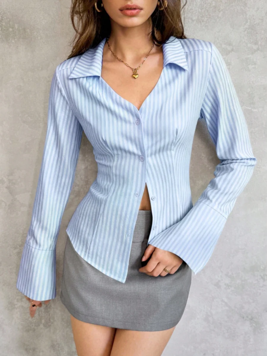 Flared Sleeves Slim-fit Lapel Stripes Shirts - Image 2