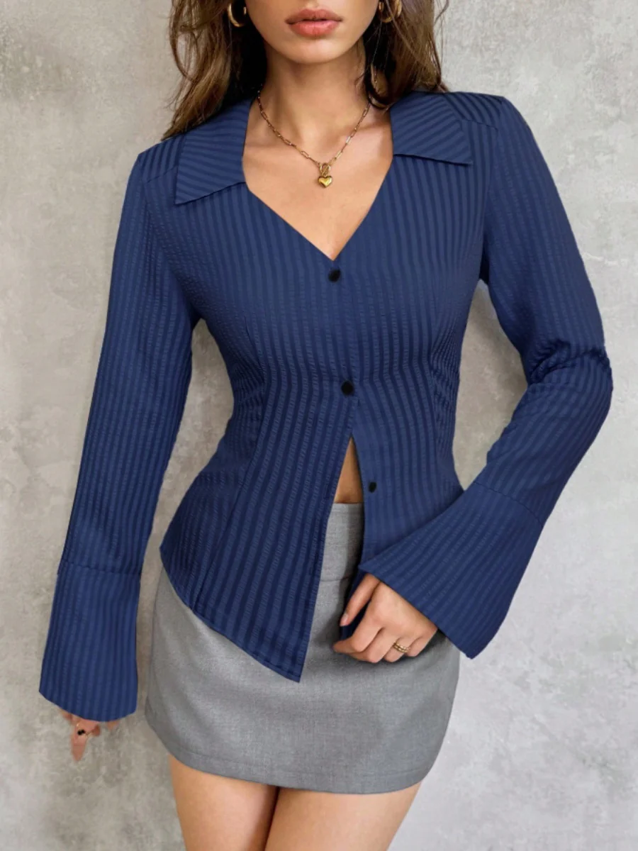 Flared Sleeves Slim-fit Lapel Stripes Shirts - Image 4