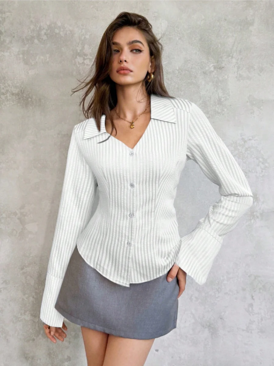 Flared Sleeves Slim-fit Lapel Stripes Shirts - Image 5