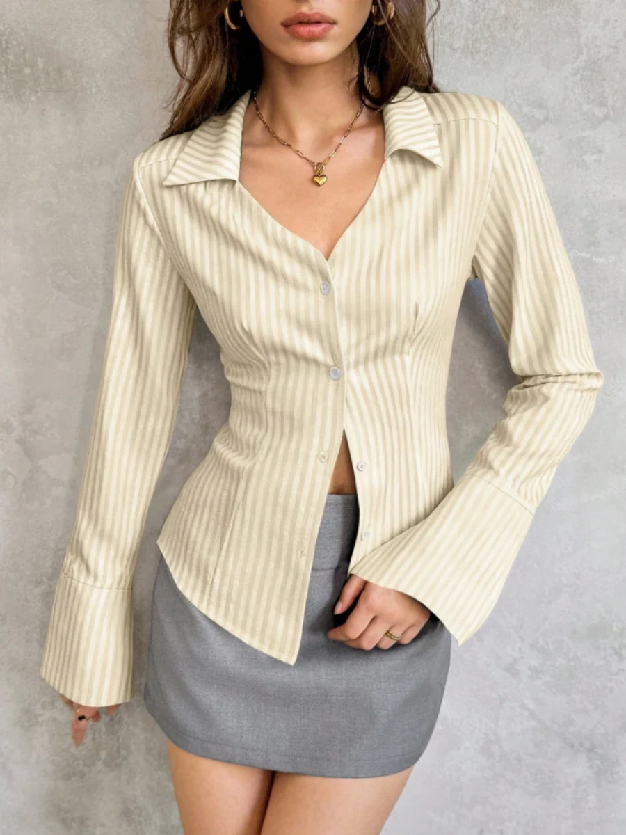 Flared Sleeves Slim-fit Lapel Stripes Shirts - Image 6