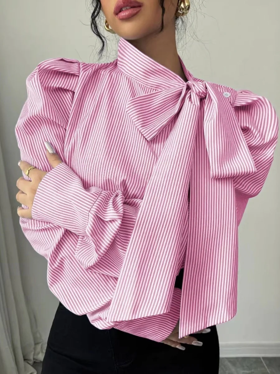 Puff Sleeve Bow Ribbon Stripes Leisure Shirts - Image 3