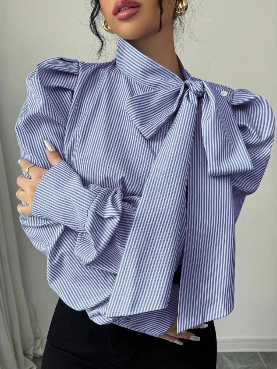 Puff Sleeve Bow Ribbon Stripes Leisure Shirts - Image 4