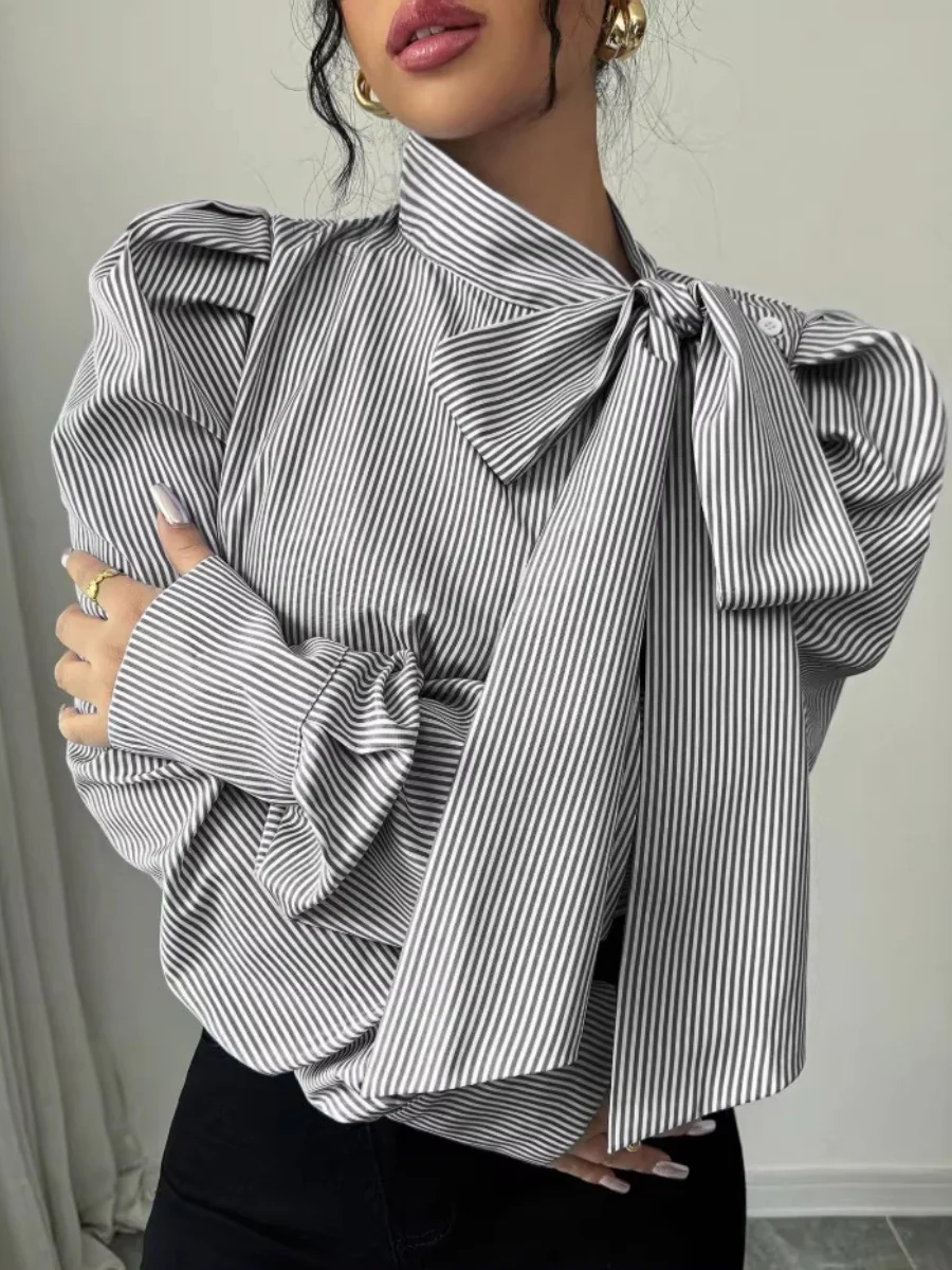 Puff Sleeve Bow Ribbon Stripes Leisure Shirts - Image 5