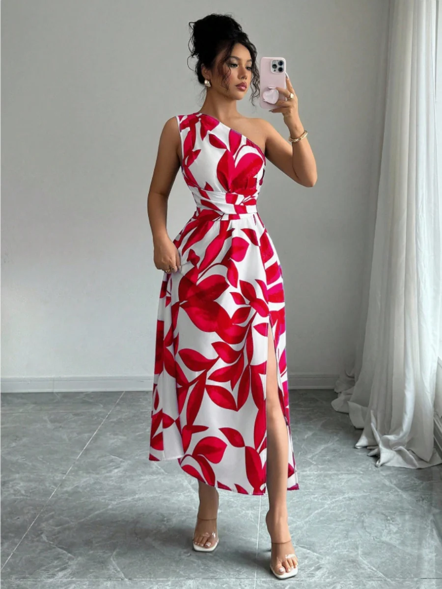 Sloping Shoulders Printed Slit Vacation Leisure Maxi Dresses - Image 2