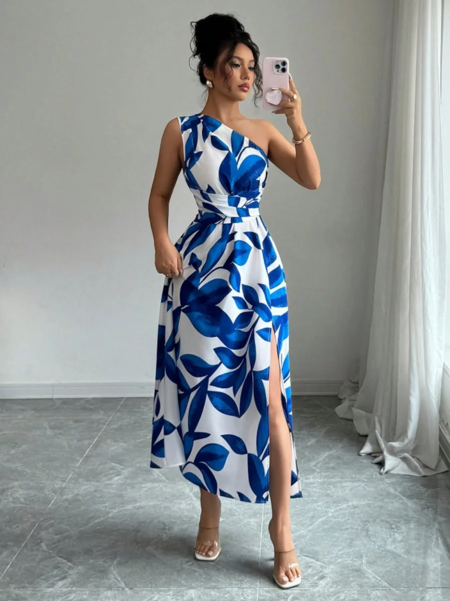 Sloping Shoulders Printed Slit Vacation Leisure Maxi Dresses - Image 3
