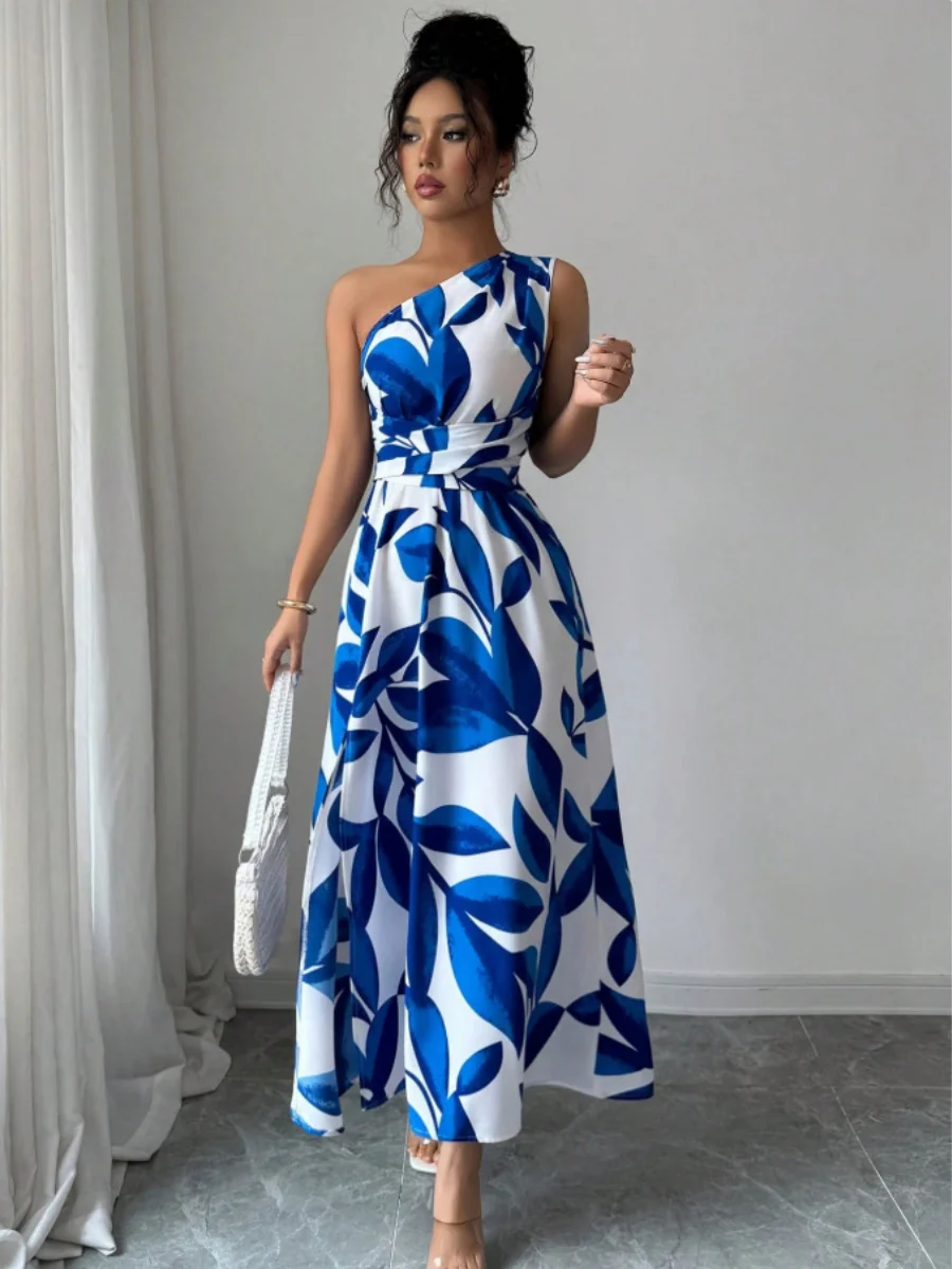 Sloping Shoulders Printed Slit Vacation Leisure Maxi Dresses - Image 4