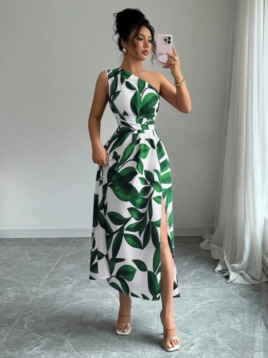 Sloping Shoulders Printed Slit Vacation Leisure Maxi Dresses - Image 5