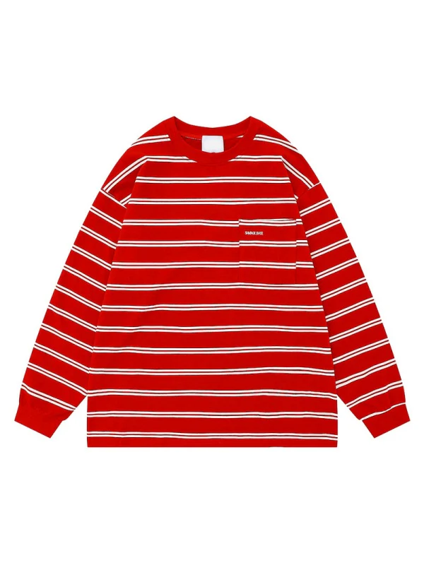 Stripes Color-blocked Embroidery Pocket Loose-fit T-shirts - Image 2
