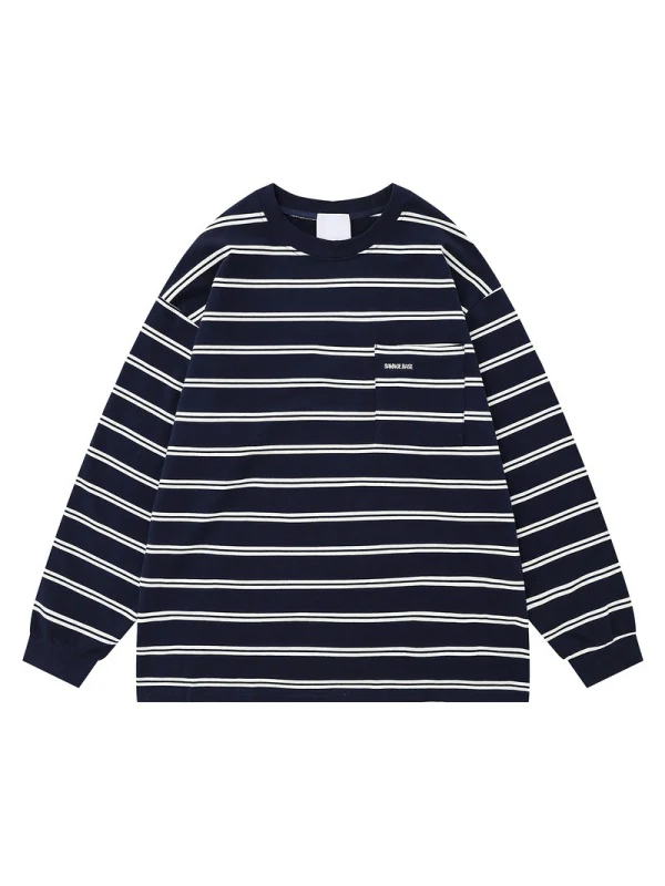 Stripes Color-blocked Embroidery Pocket Loose-fit T-shirts - Image 4