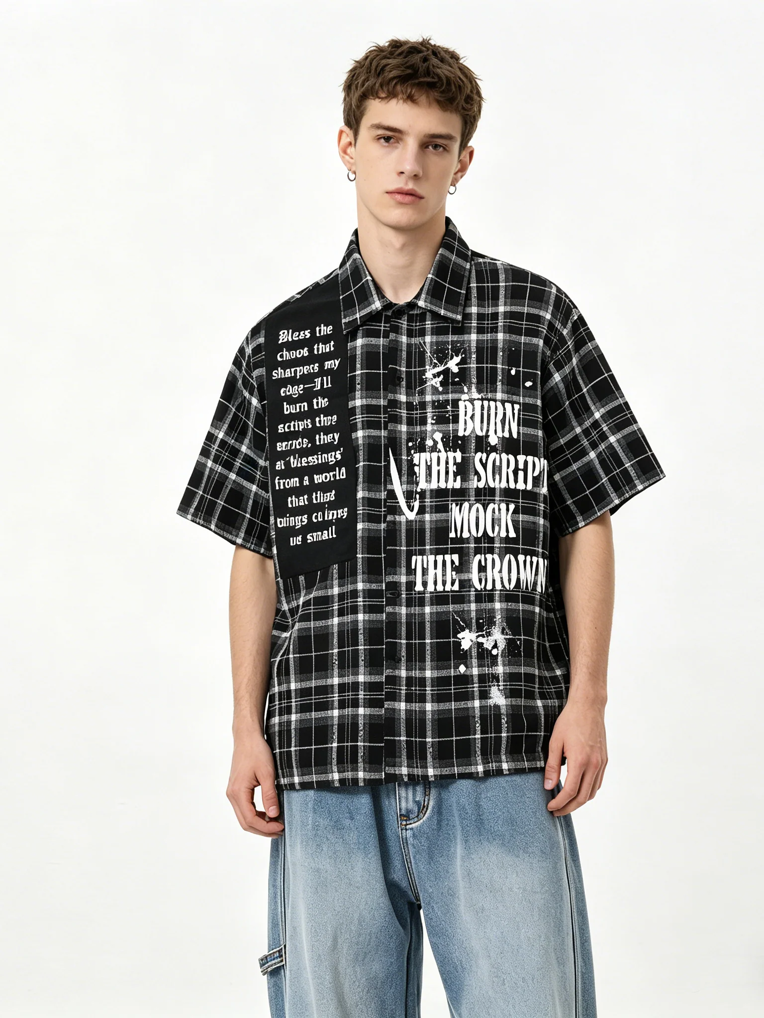 Gothic Style Splashing Ink Printed Plaid Shirts