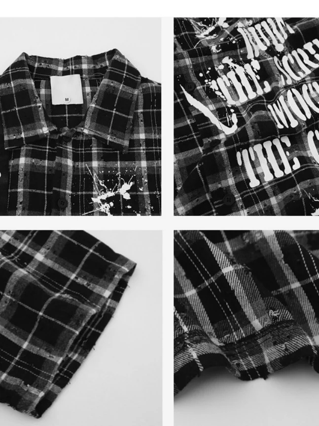 Gothic Style Splashing Ink Printed Plaid Shirts - Image 3