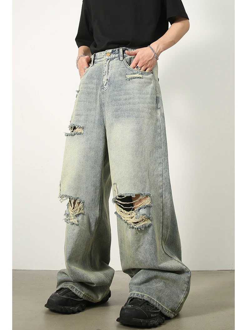 Hole Washed Distressed Loose-fit Wide-leg Jeans