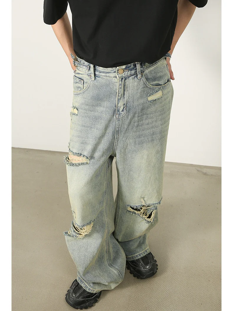 Hole Washed Distressed Loose-fit Wide-leg Jeans - Image 3