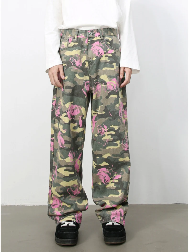 Camouflage Ins Loose-fit Straight-fit Wide-leg Jeans
