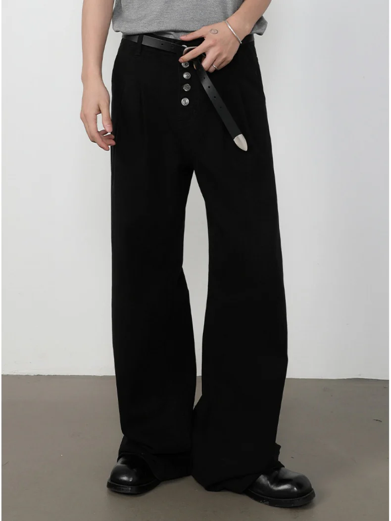Retro Straight-fit Double Pleat Button Loose-fit Denim Pants