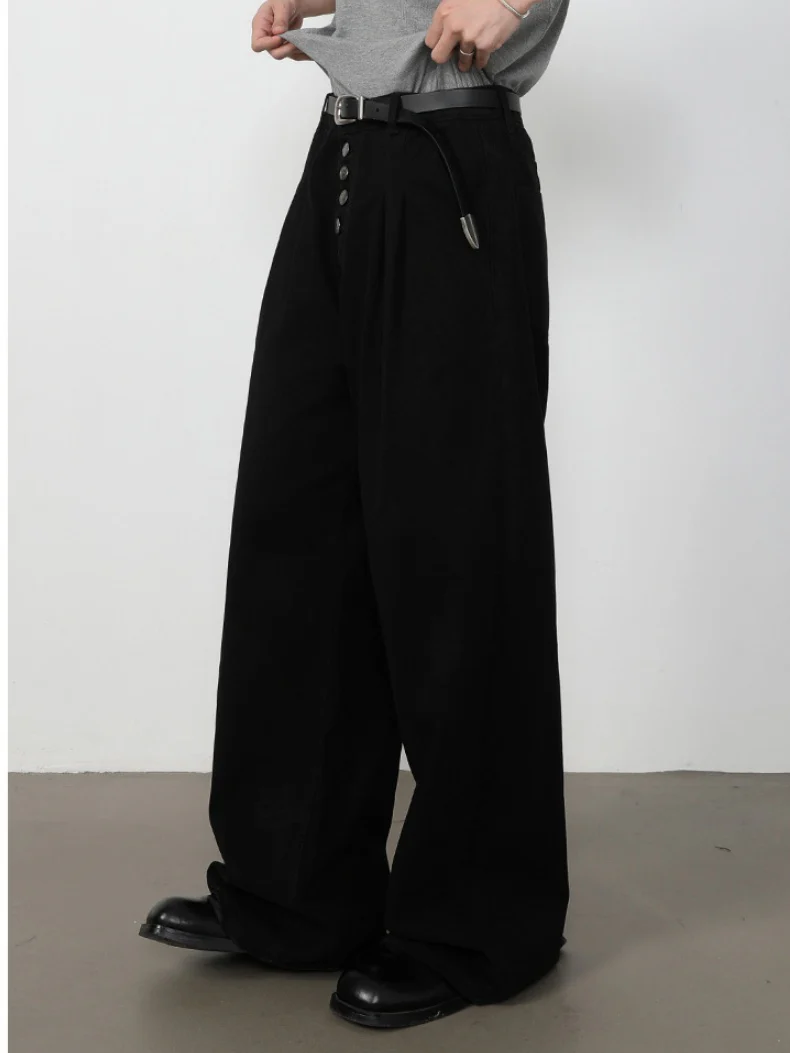 Retro Straight-fit Double Pleat Button Loose-fit Denim Pants - Image 2