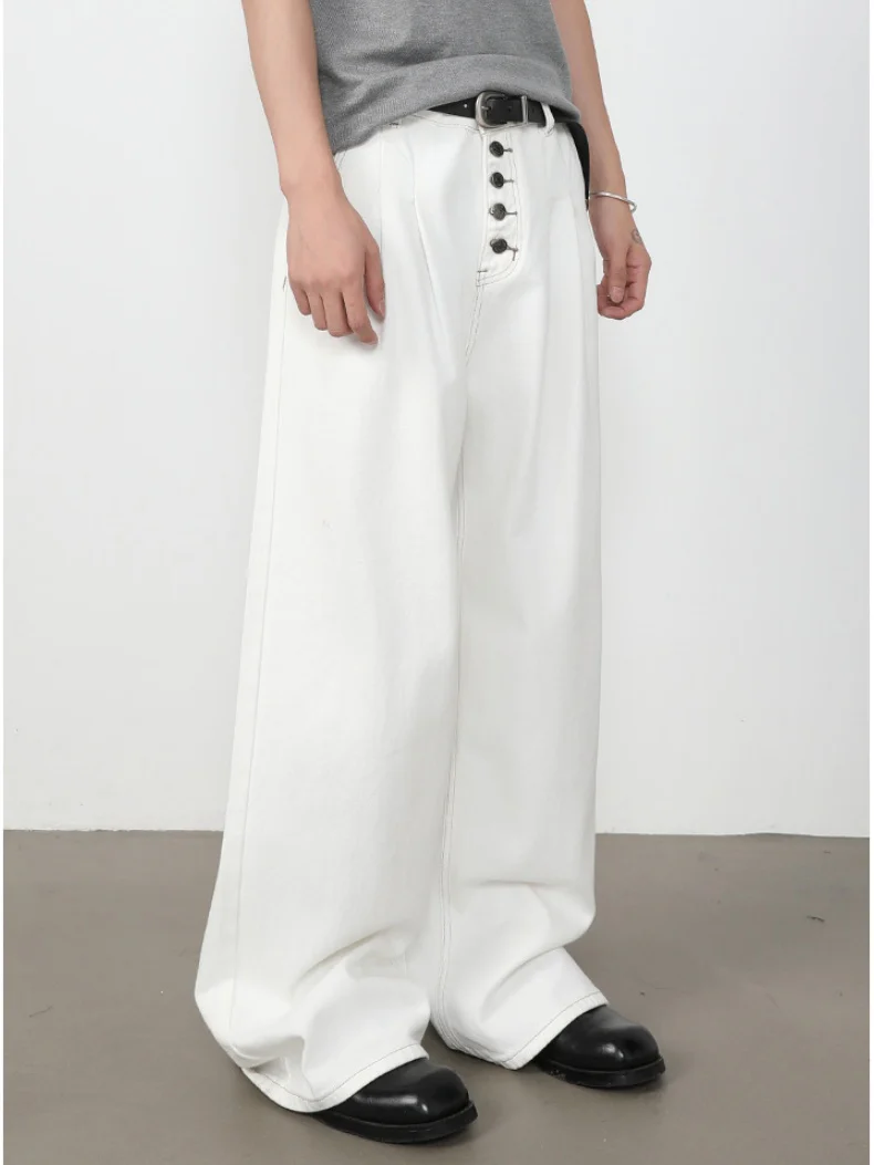 Retro Straight-fit Double Pleat Button Loose-fit Denim Pants - Image 4